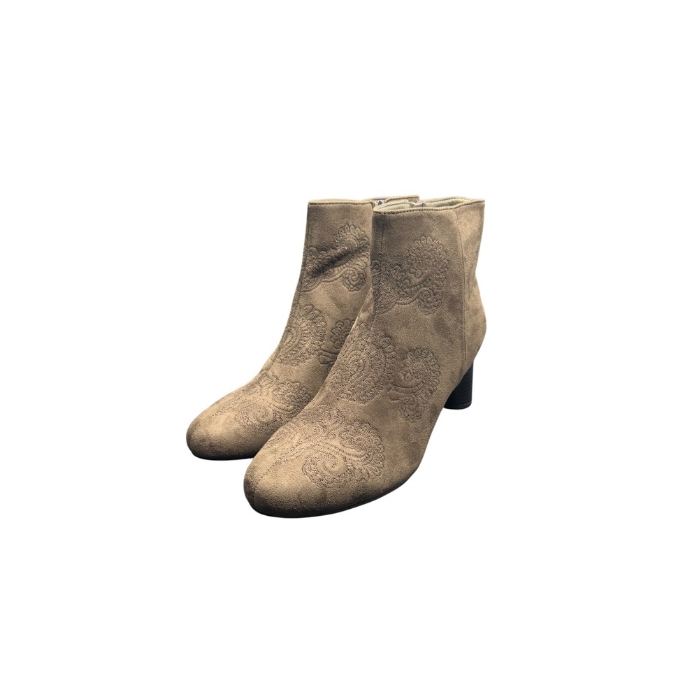 Womens Aomo Love Embroidered Ankle Boots Block Heel‎ Side Zip Closure Tan Sz 10